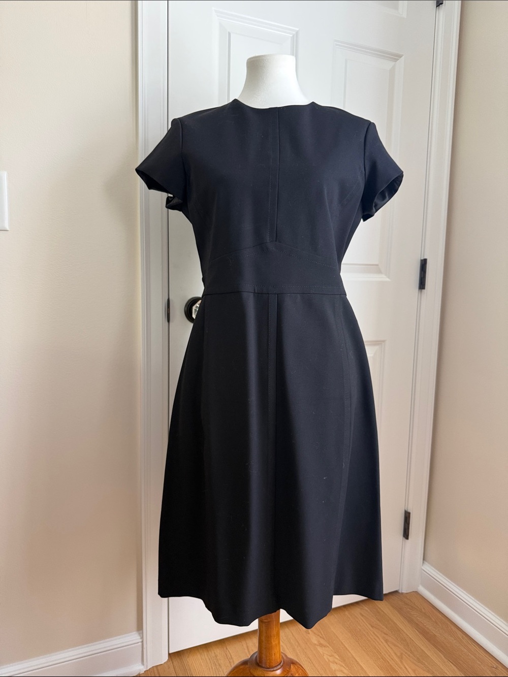 Theory Black Short-Sleeve, Fit & Flare Dress w/Tailored Waist - Size 12